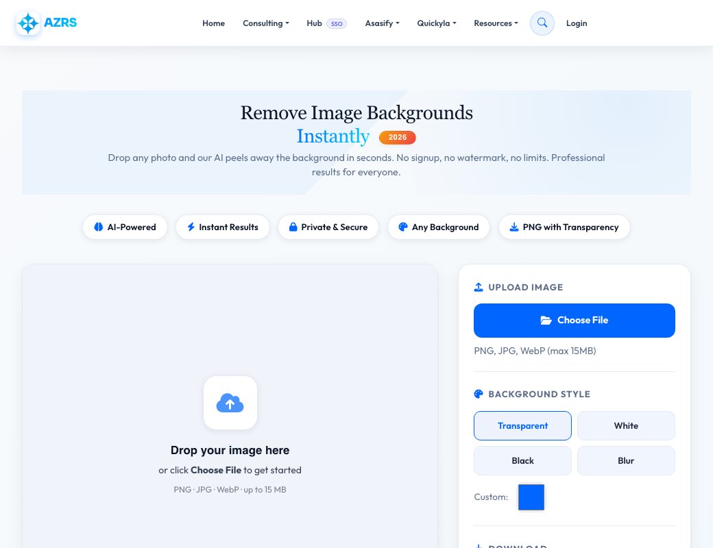 Screenshot of the free Free Background Remover — Instant Image Cutouts tool on AZRS QuickFix