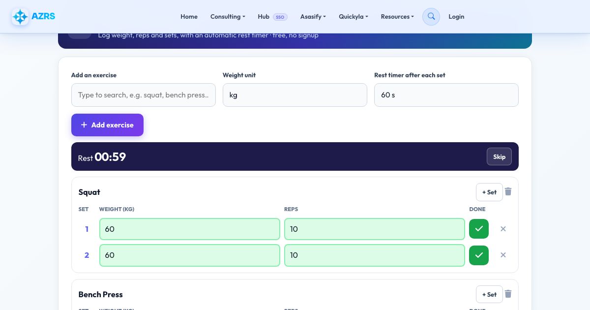 Screenshot of the free Rep & Set Tracker tool on AZRS QuickFix