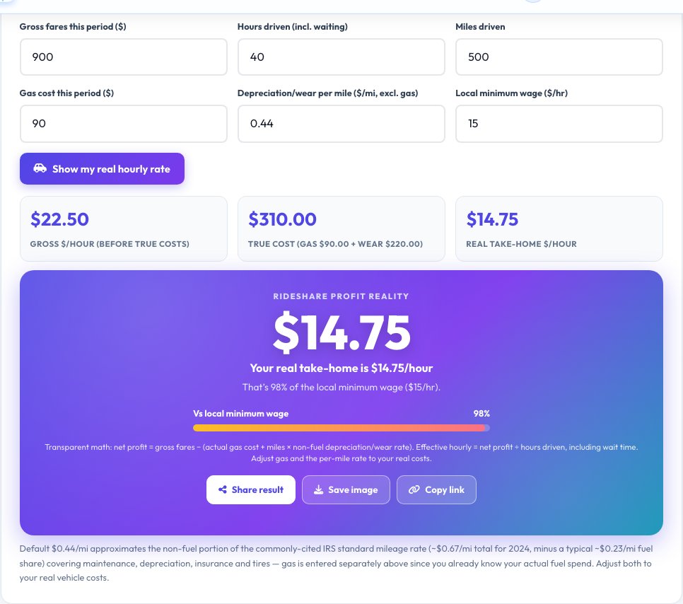 Screenshot of the free Rideshare Driver Profit Reality Check tool on AZRS QuickFix