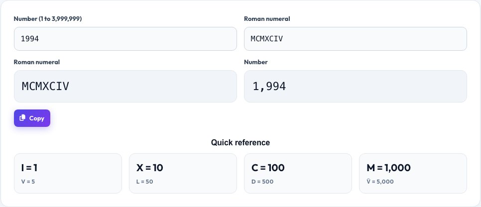 Screenshot of the free Roman Numeral Converter tool on AZRS QuickFix