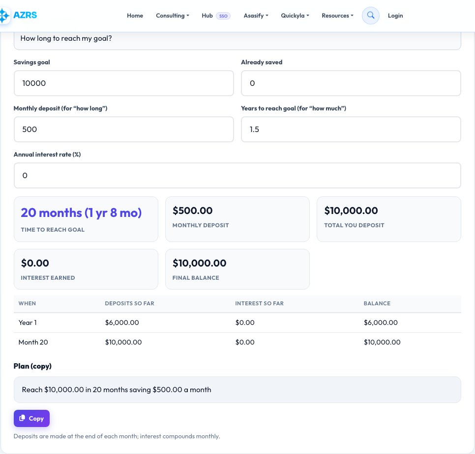 Step 1 — starting Savings Goal Calculator on AZRS QuickFix