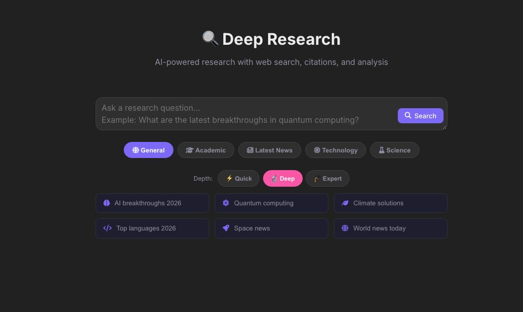 Screenshot of the free AI Deep Research — In-Depth Reports with Citations tool on AZRS QuickFix