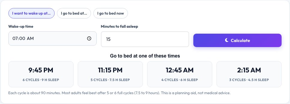 Screenshot of the free Sleep Calculator tool on AZRS QuickFix