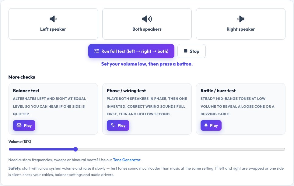 Screenshot of the free Speaker & Headphone Test (Left / Right) tool on AZRS QuickFix