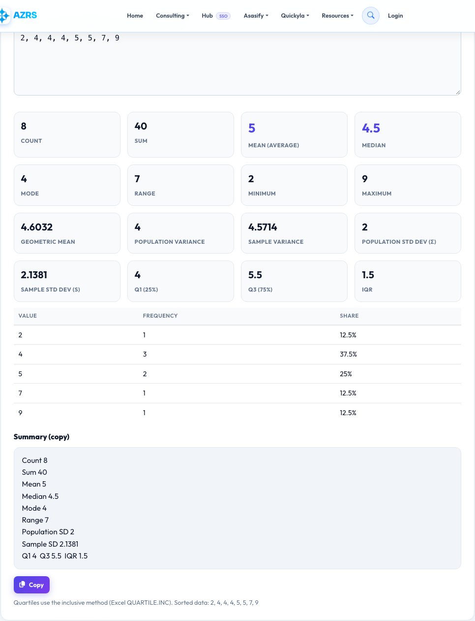 Step 1 — starting Statistics Calculator on AZRS QuickFix