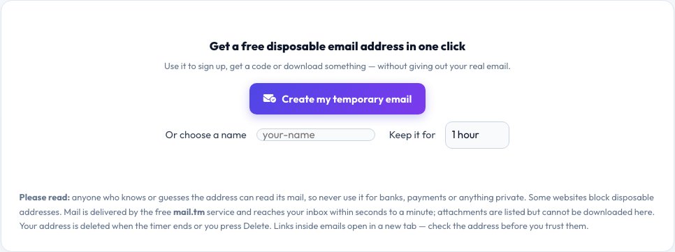 Screenshot of the free Temp Mail — Free Disposable Email Address tool on AZRS QuickFix