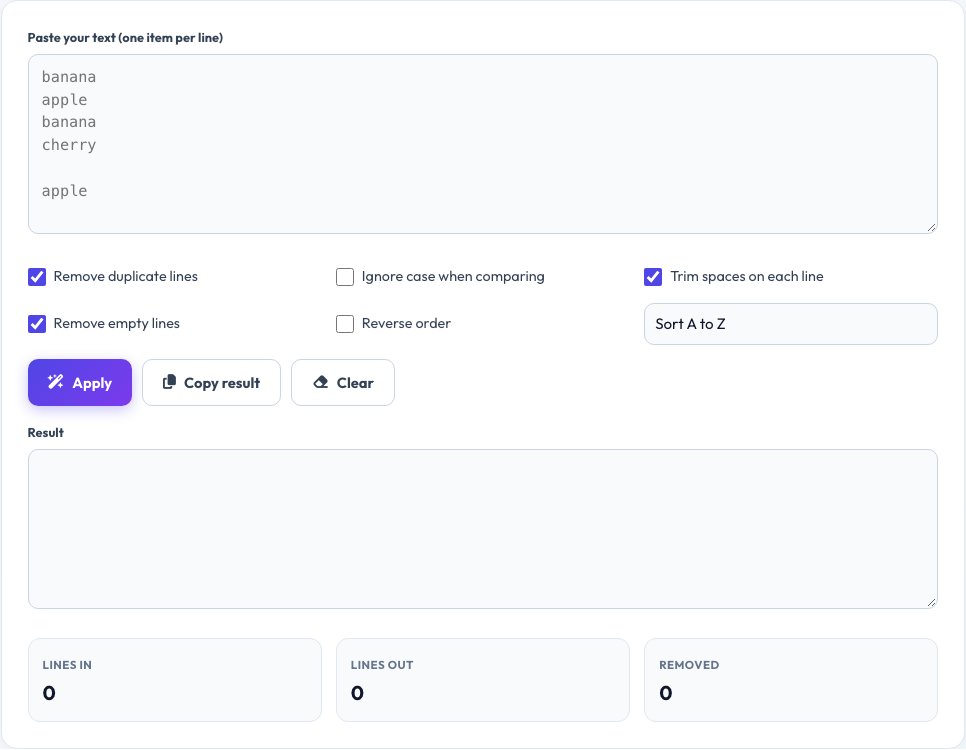 Screenshot of the free Remove Duplicate Lines & Sort Text tool on AZRS QuickFix
