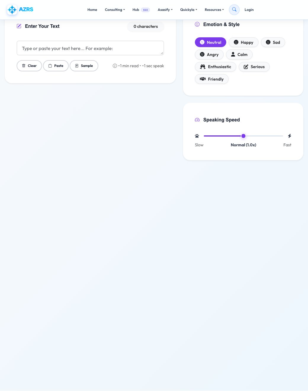Screenshot of the free Free AI Text to Speech — Natural Voice Generator tool on AZRS QuickFix