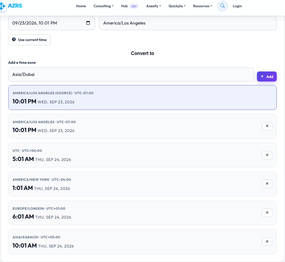 Screenshot of the free Time Zone Converter tool on AZRS QuickFix