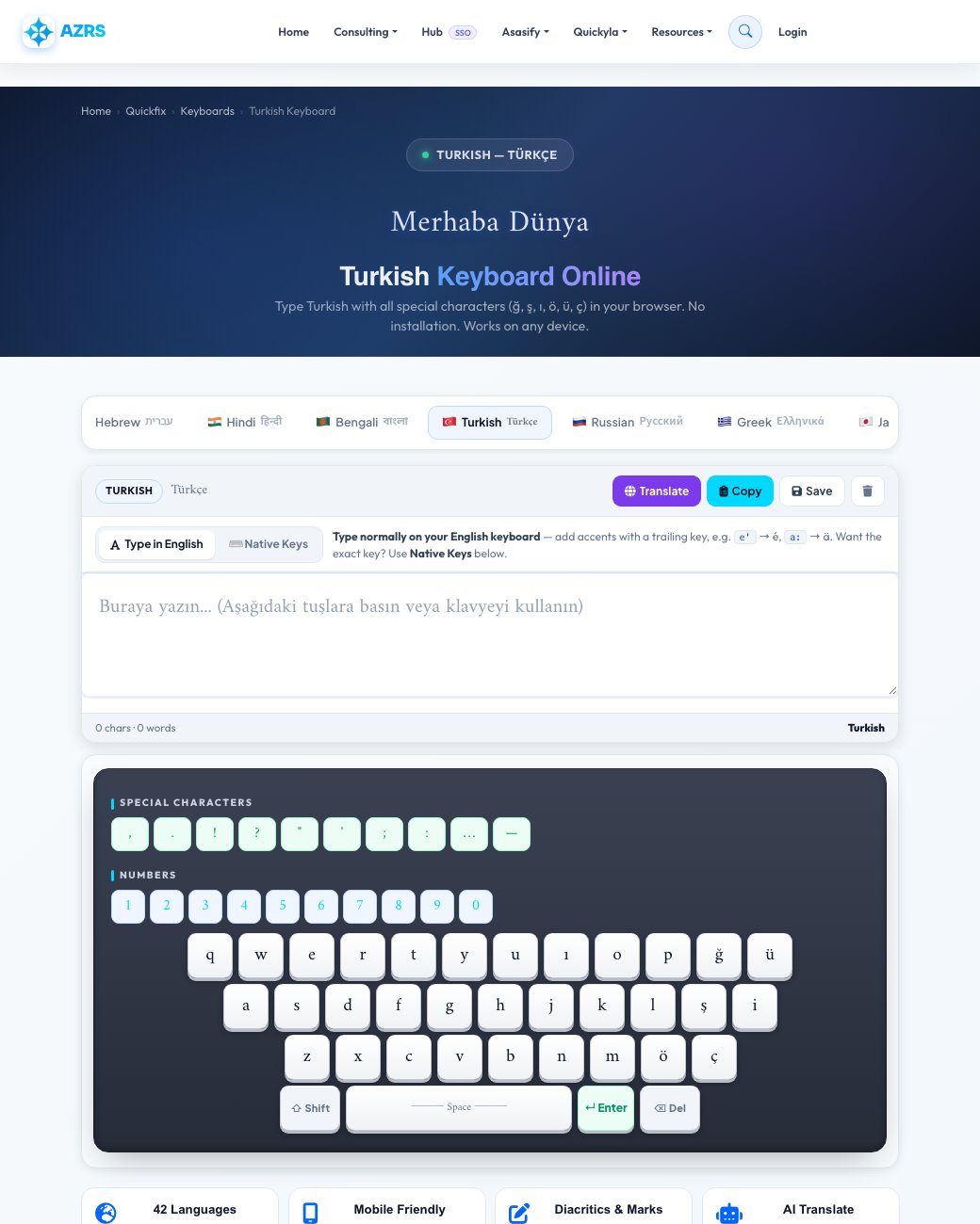 Step 1 — starting Free Turkish Keyboard Online — Type Turkish (Türkçe) Without Installing on AZRS QuickFix
