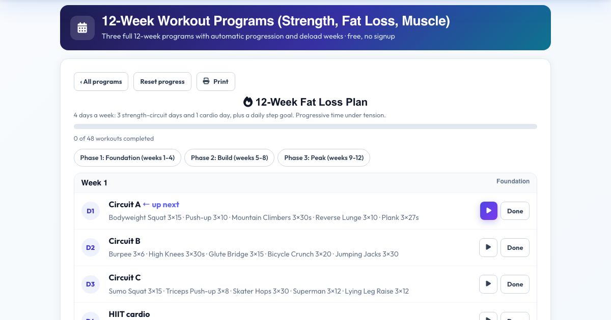 Screenshot of the free 12-Week Workout Programs (Strength, Fat Loss, Muscle) tool on AZRS QuickFix
