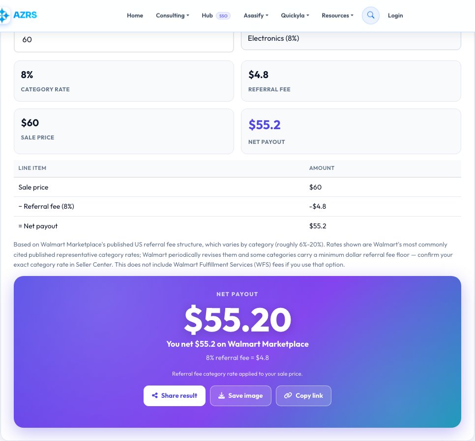 Step 1 — starting Walmart Marketplace Fee Calculator on AZRS QuickFix
