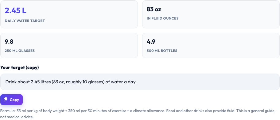 Step 2 — Daily Water Intake Calculator result