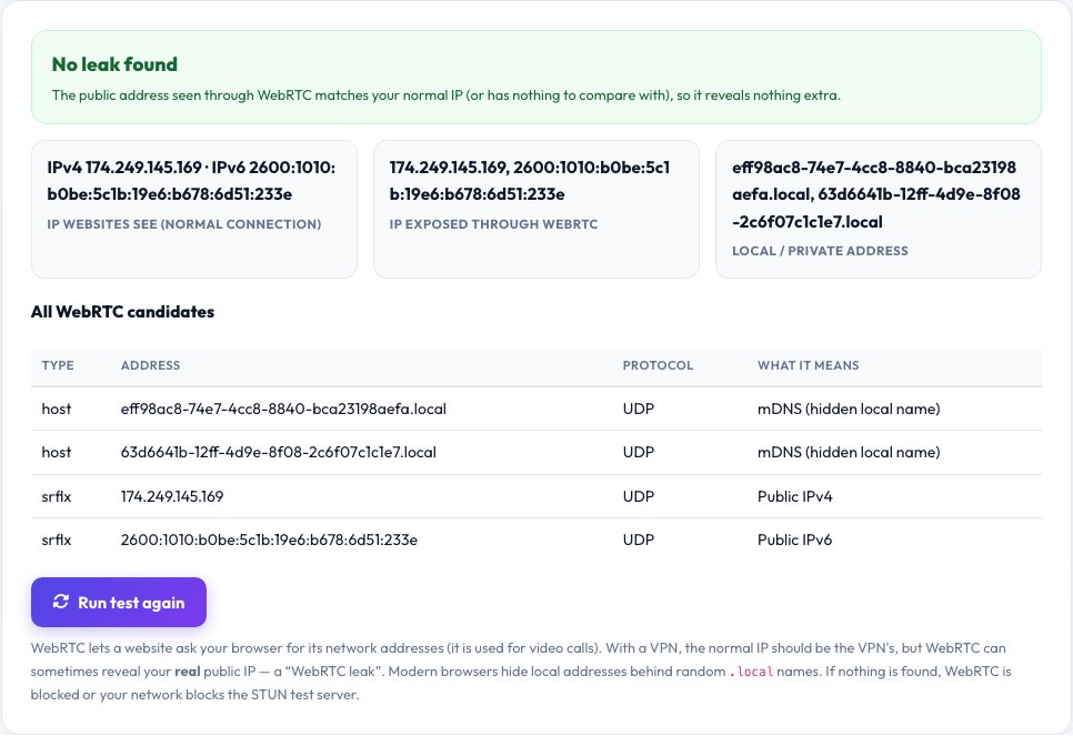Screenshot of the free WebRTC Leak Test (VPN IP Check) tool on AZRS QuickFix