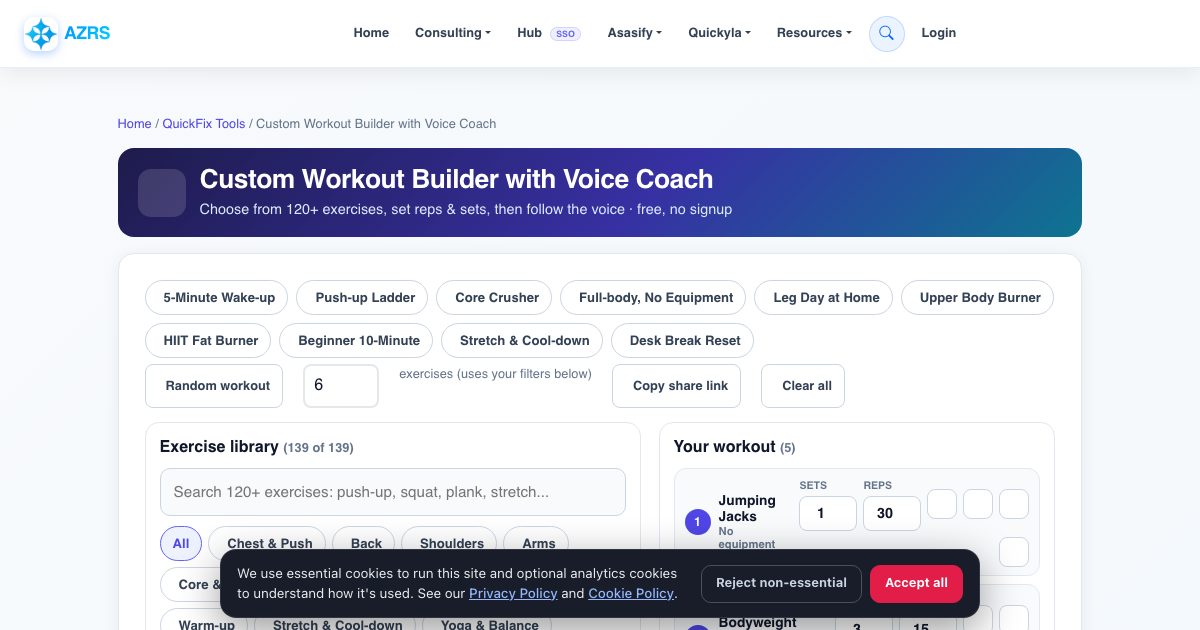 Screenshot of the free Custom Workout Builder with Voice Coach tool on AZRS QuickFix